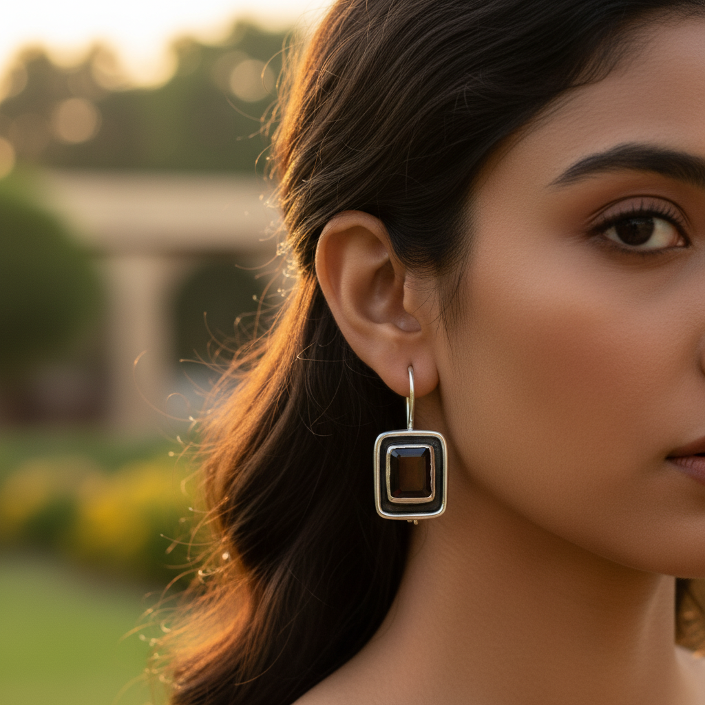 925 Silver Garnet Earrings | Square Gemstone Earrings for Women