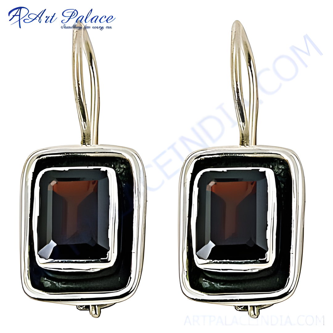 925 sterling silver dangle earrings with square garnet gemstone.