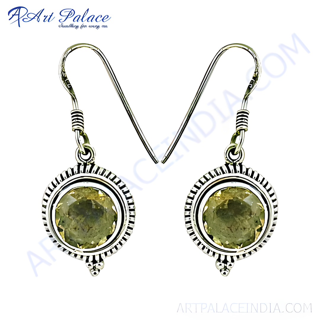 925 sterling silver dangle earrings with round citrine gemstone center, women's jewelry.