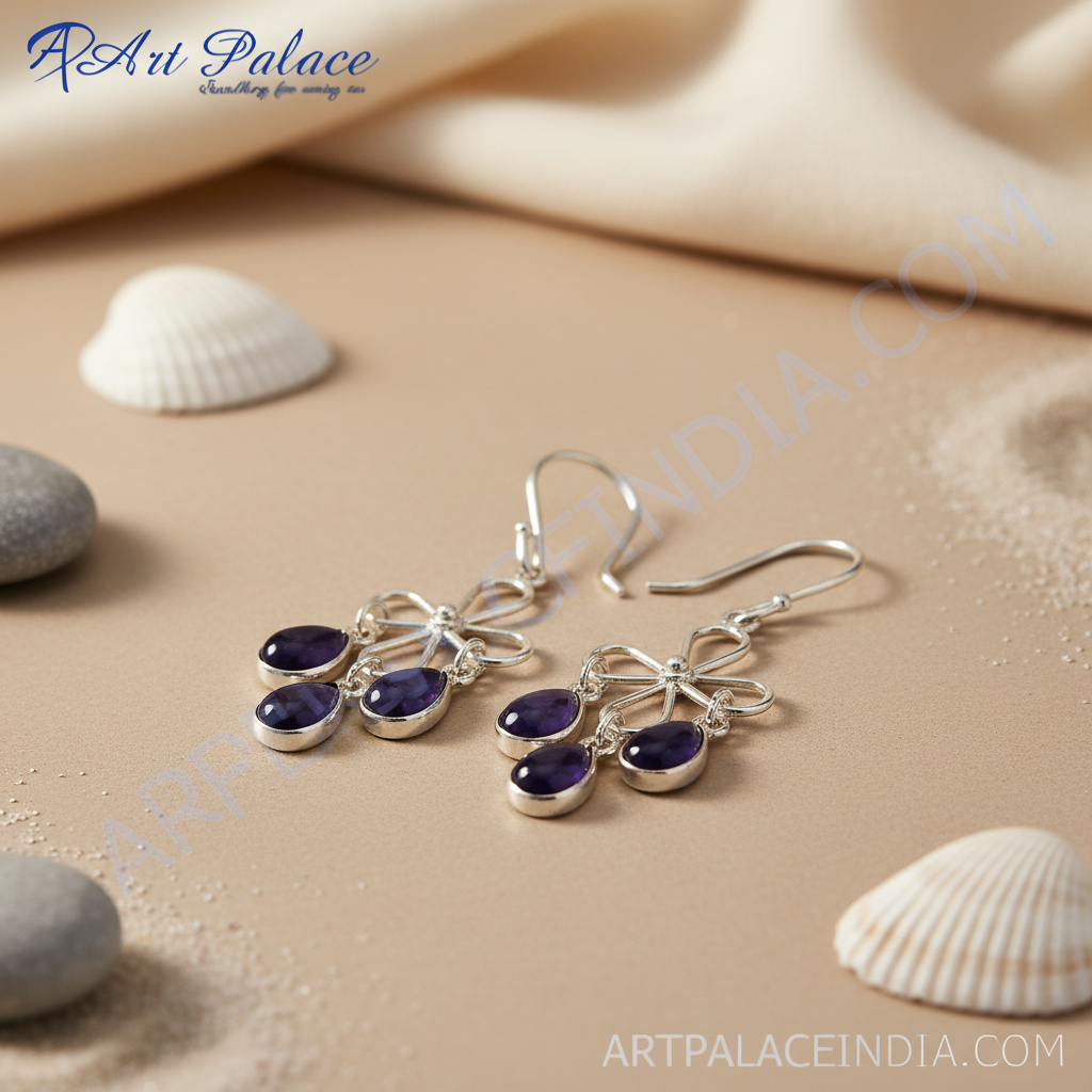Silver flower amethyst dangle earrings for women | gift