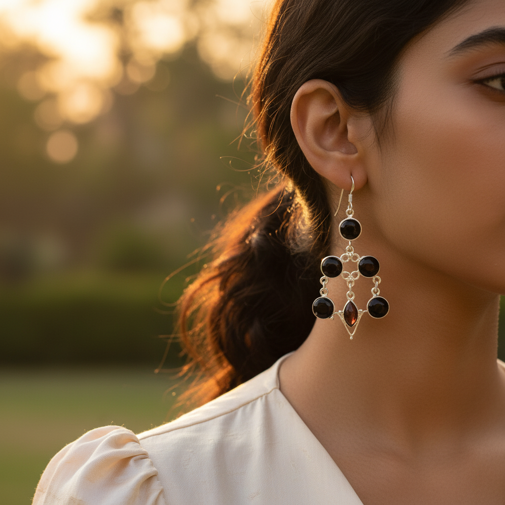 925 Silver Black Onyx Chandelier Earrings for Women