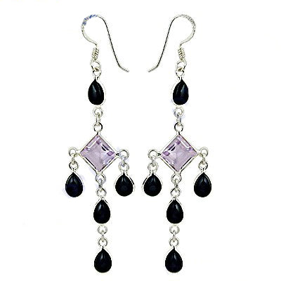 925 Silver Amethyst & Black Onyx Drop Earrings for Women