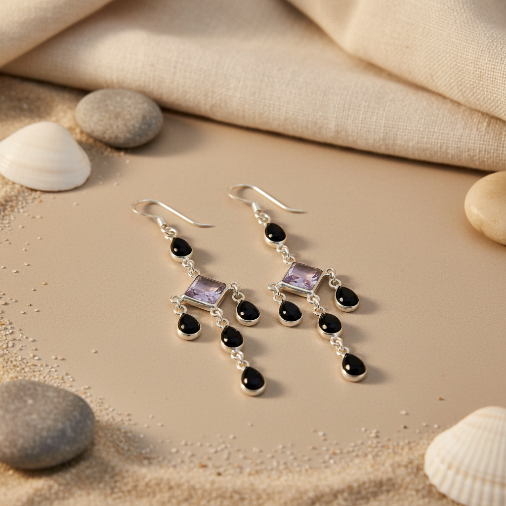 925 Silver Amethyst & Black Onyx Drop Earrings for Women