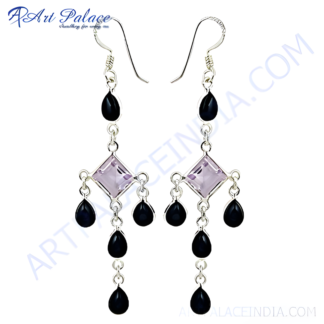 925 sterling silver drop earrings with amethyst and black onyx gemstones.