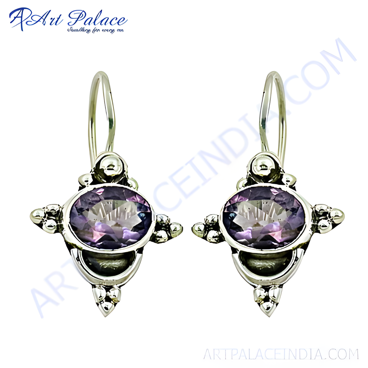 925 sterling silver drop earrings with oval amethyst gemstones, purple color and intricate detailing