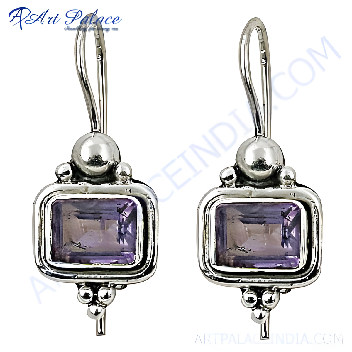 Sterling silver drop earrings featuring rectangular purple amethyst gemstones, suitable for women