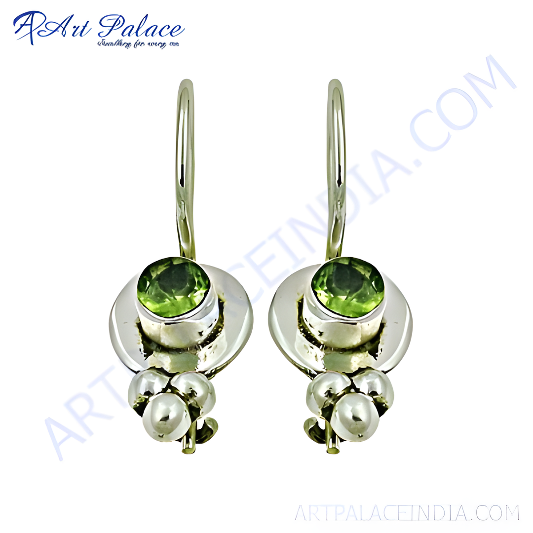 925 sterling silver dangle earrings with round peridot gemstones.