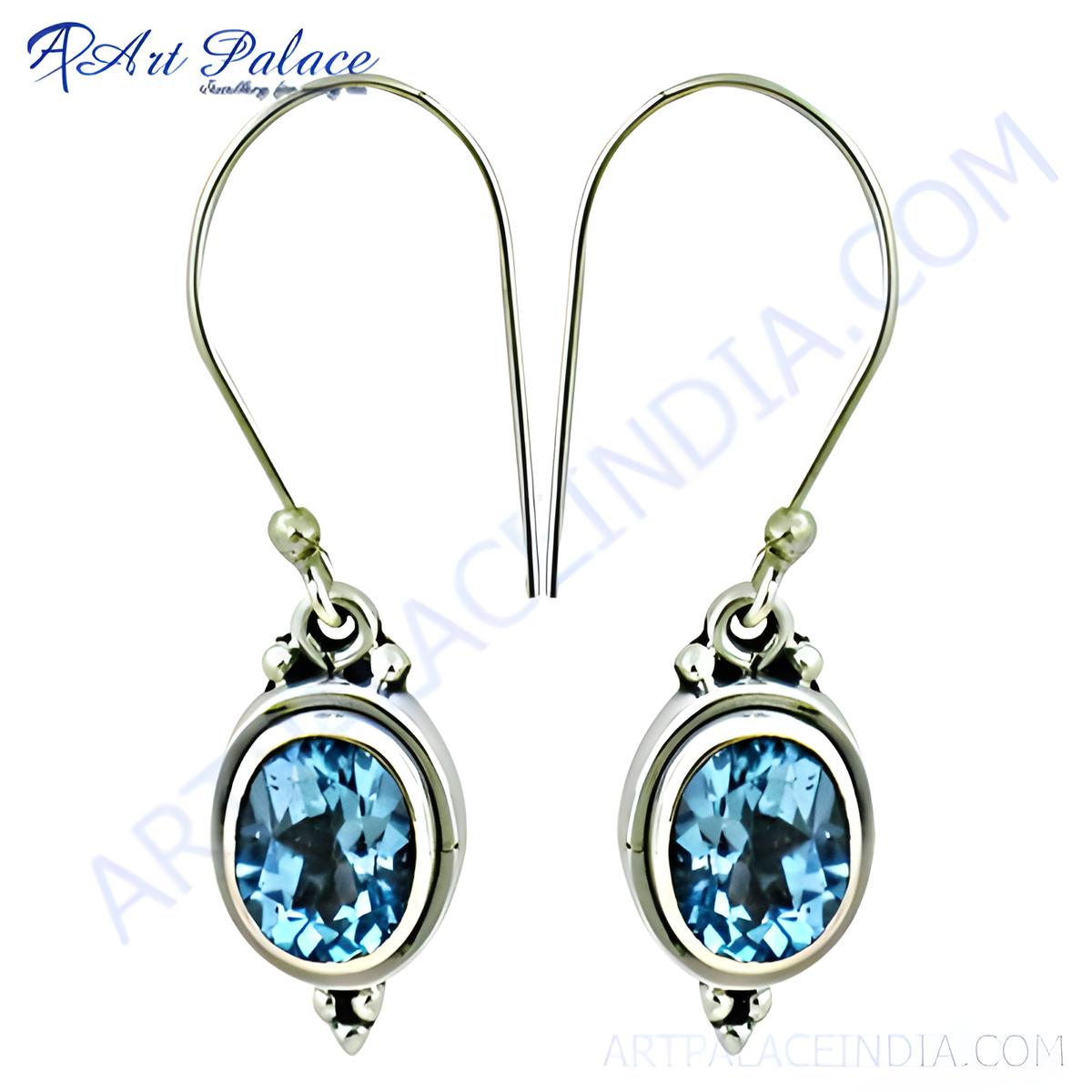 925 sterling silver dangle earrings featuring oval cut blue topaz gemstones with hook closures