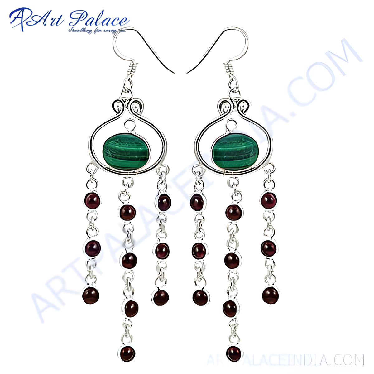 925 sterling silver drop earrings featuring malachite gemstones and garnet bead accents, perfect for women