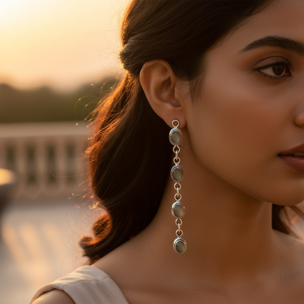 925 Silver Long Drop Earrings with Gemstones | Women's Jewelry