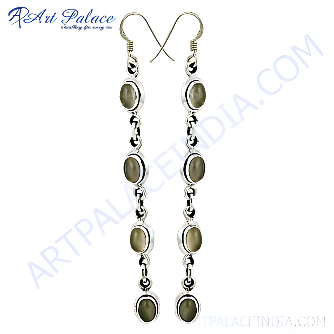 925 sterling silver long drop earrings with oval-shaped gemstones, perfect for women.