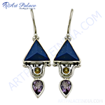 将图像加载到图库查看器中， 925 sterling silver dangle earrings featuring a blue triangle gemstone and amethyst teardrop
