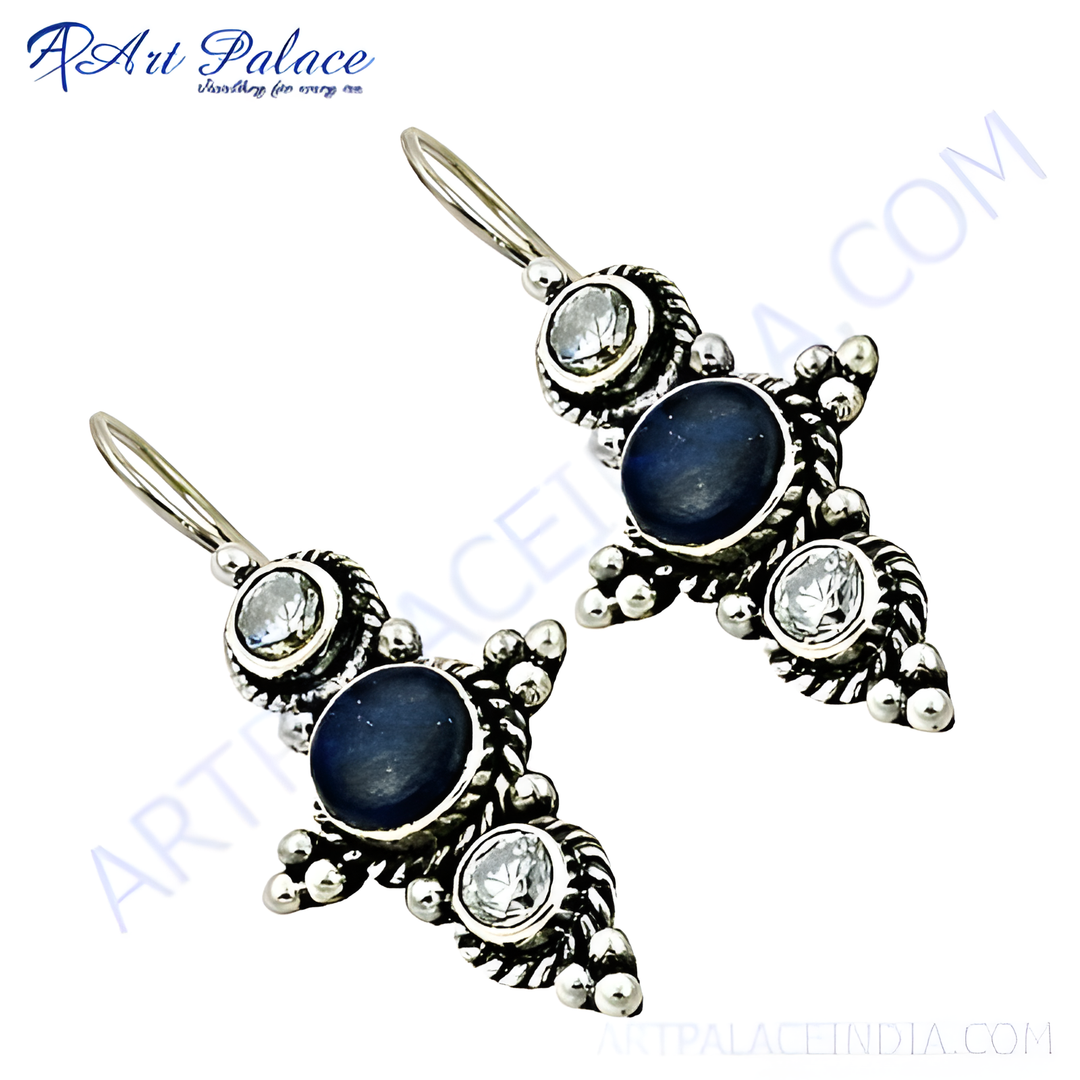 925 sterling silver dangle earrings featuring blue gemstones and clear accent stones, perfect for elegant wear