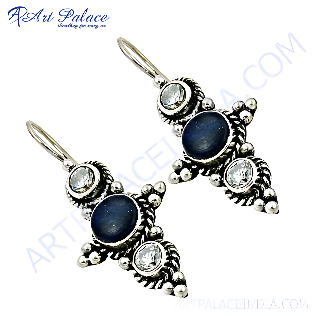 925 sterling silver dangle earrings featuring blue gemstones and clear accent stones, perfect for elegant wear