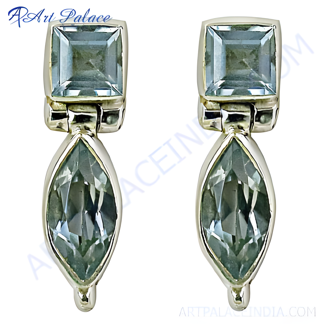 925 sterling silver dangle earrings with square and marquise-cut blue gemstones. Elegant jewelry for women.