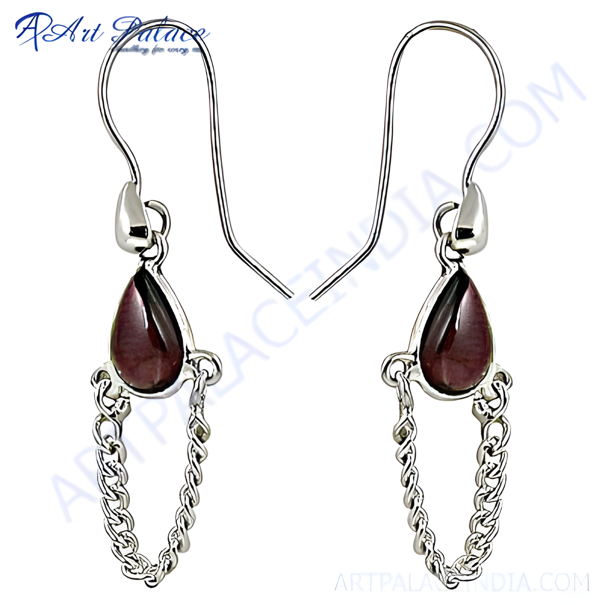 925 sterling silver dangle earrings with teardrop shaped red gemstone and chain details