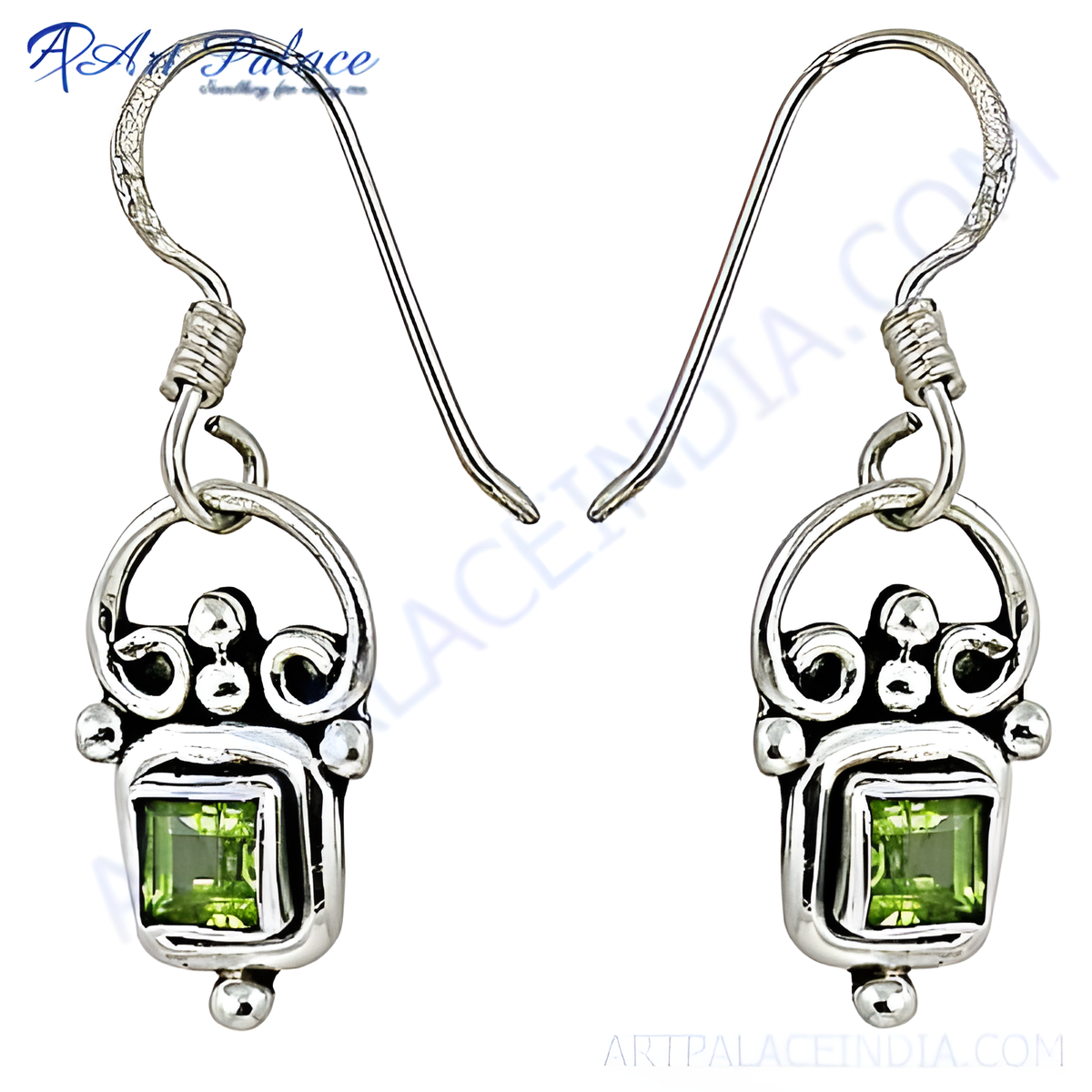 925 sterling silver drop earrings with square cut peridot gemstones, featuring a vibrant green color