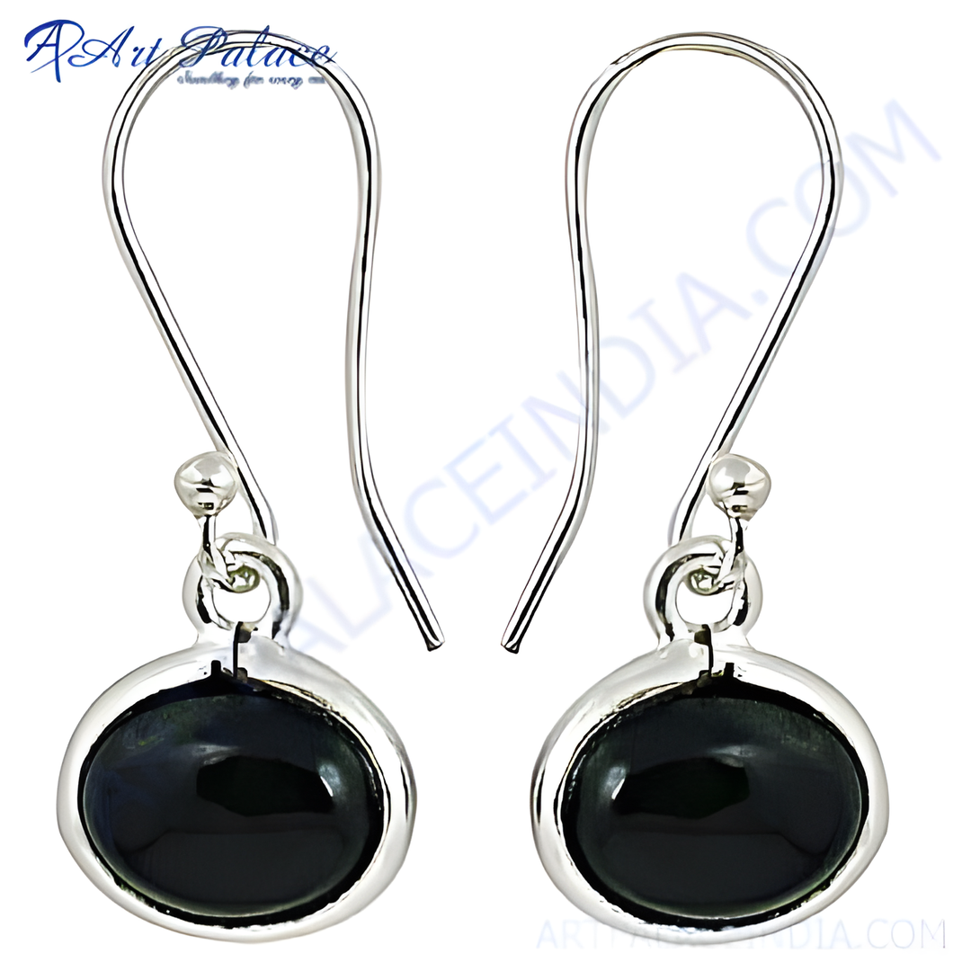 Sterling silver drop earrings with oval black onyx gemstones, perfect for any occasion.