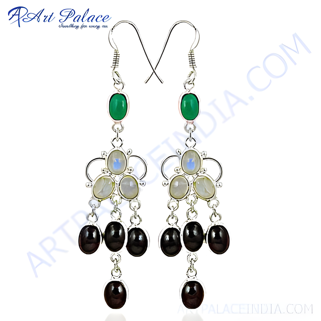925 silver dangle earrings with green and black gemstones, perfect for any occasion.