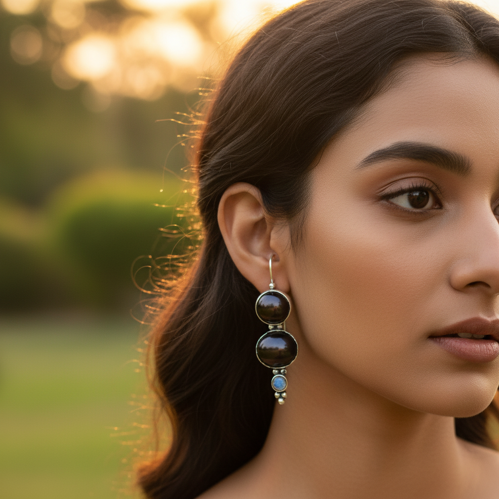 Pendientes de plata 925 con perla negra y piedra lunar para mujer