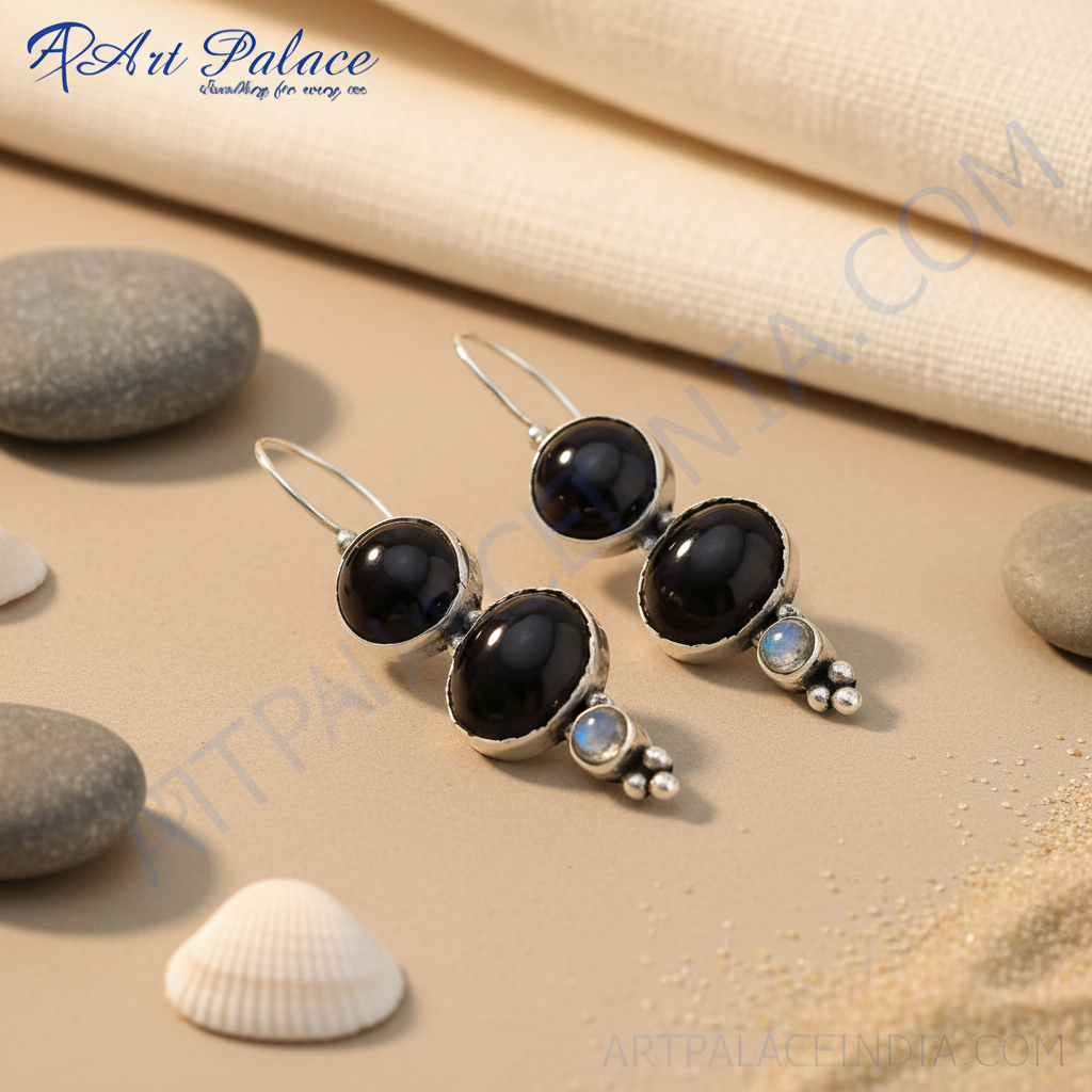 Pendientes de plata 925 con perla negra y piedra lunar para mujer