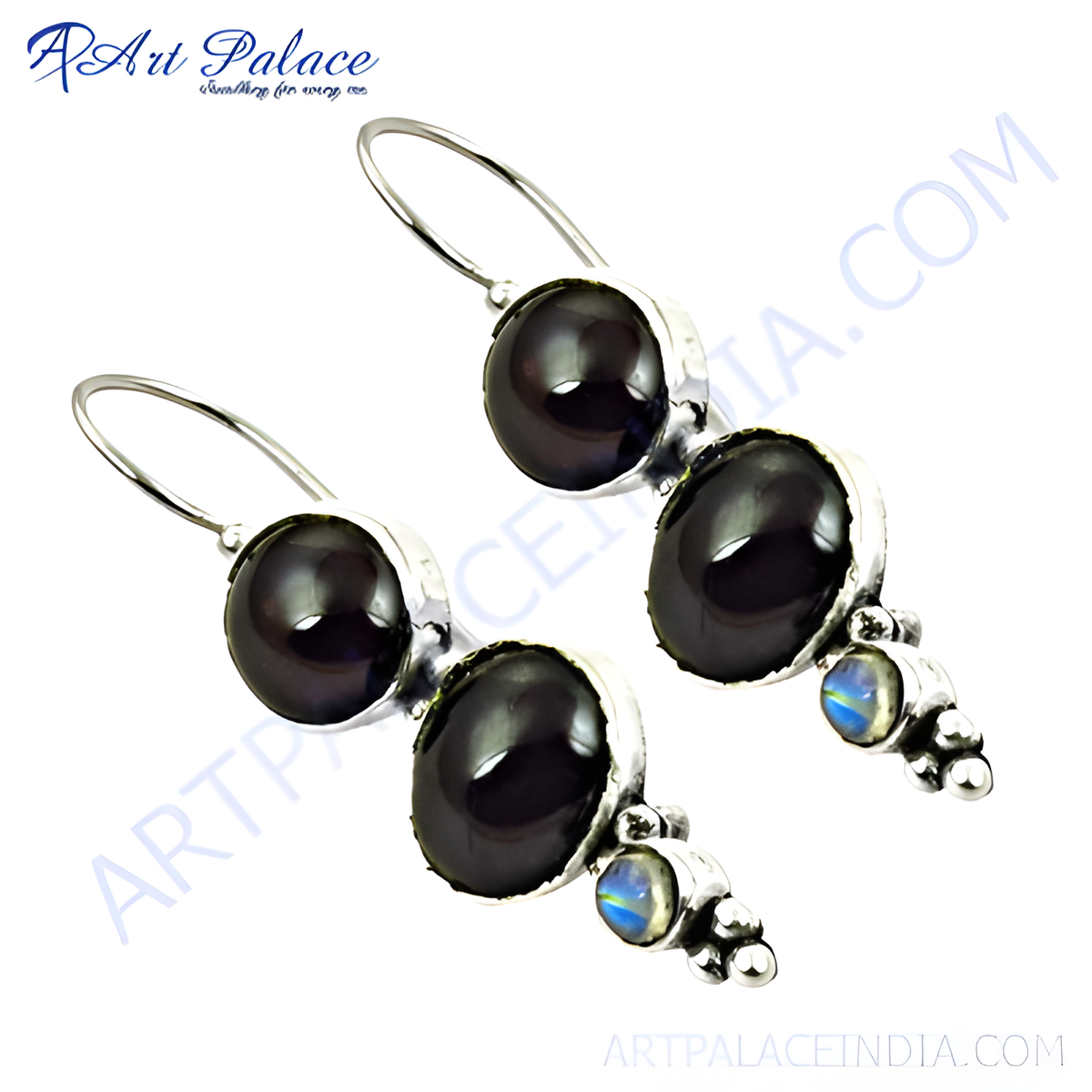 925 sterling silver dangle earrings with black pearl and moonstone gemstones, elegant design