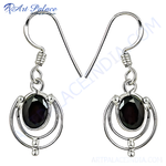 Load image into Gallery viewer, 925 sterling silver drop earrings with oval black gemstone. Silver dangle earrings for women
