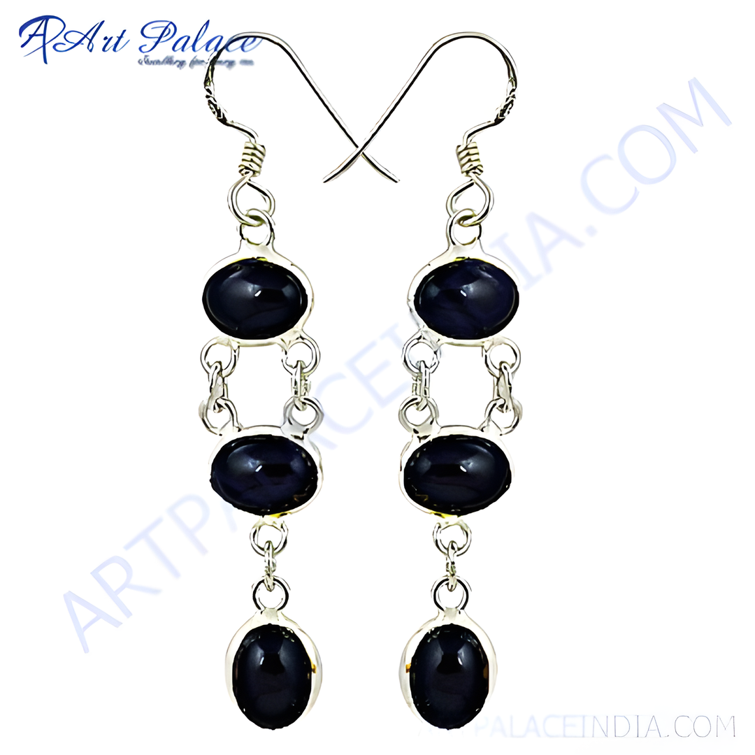 925 sterling silver dangle earrings with three oval black onyx gemstones, perfect for any occasion.