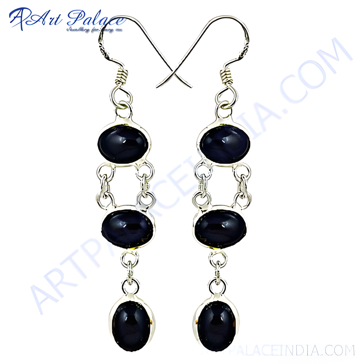 925 sterling silver dangle earrings with three oval black onyx gemstones, perfect for any occasion