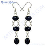 Load image into Gallery viewer, 925 sterling silver dangle earrings with three oval black onyx gemstones, perfect for any occasion.
