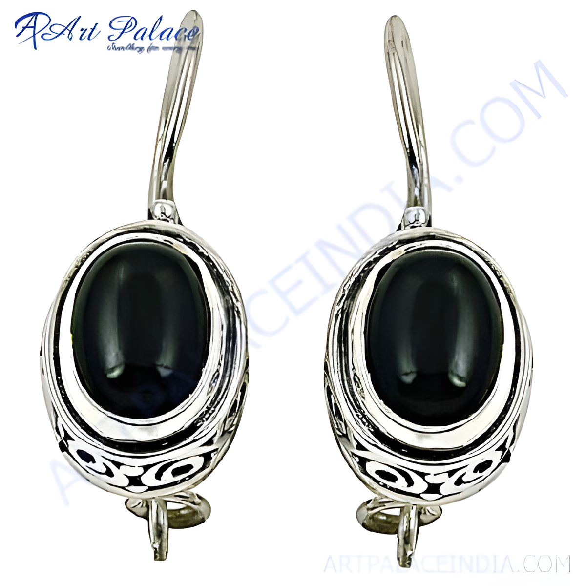 925 sterling silver dangle earrings with oval shaped black onyx gemstones