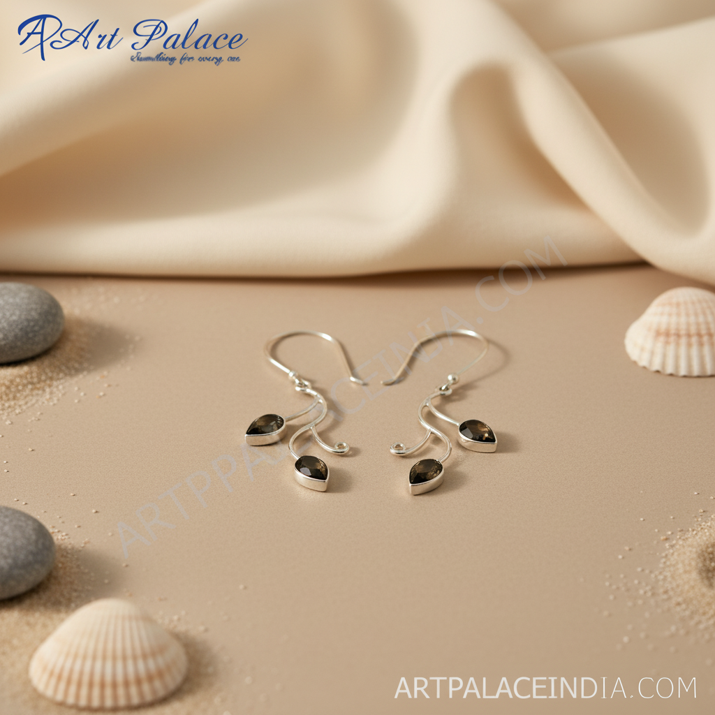 Pendientes de cuarzo ahumado en plata 925 para mujer | Diseño de hojas