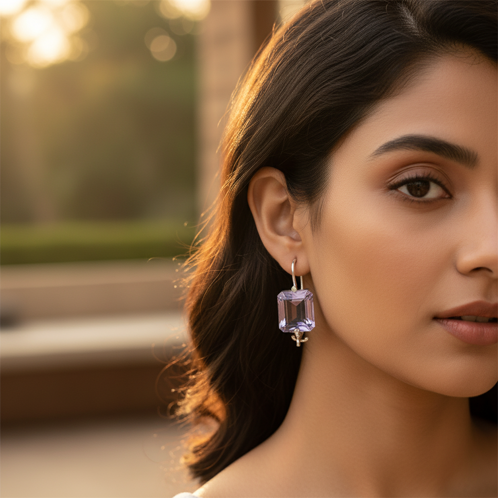Silver Amethyst Drop Earrings for Women | Gemstone Jewelry