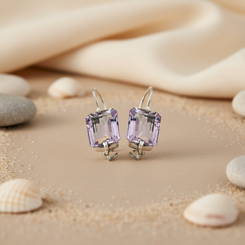 Silver Amethyst Drop Earrings for Women | Gemstone Jewelry