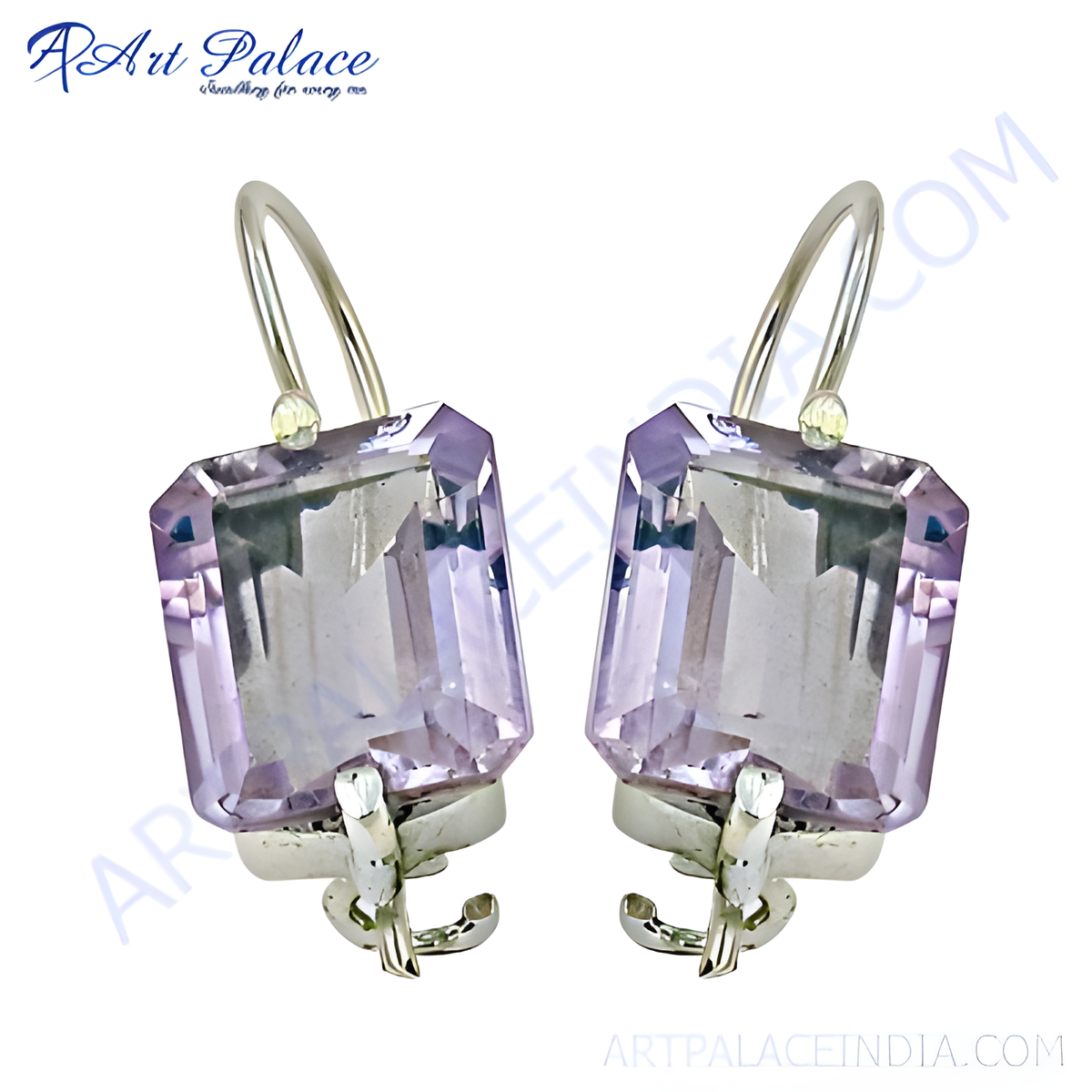 Silver drop earrings featuring rectangular amethyst gemstones, perfect for women's jewelry collection