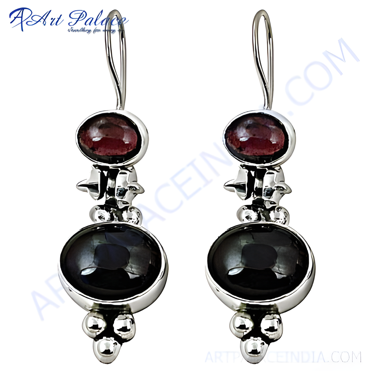 925 sterling silver drop earrings with red garnet and black onyx gemstones