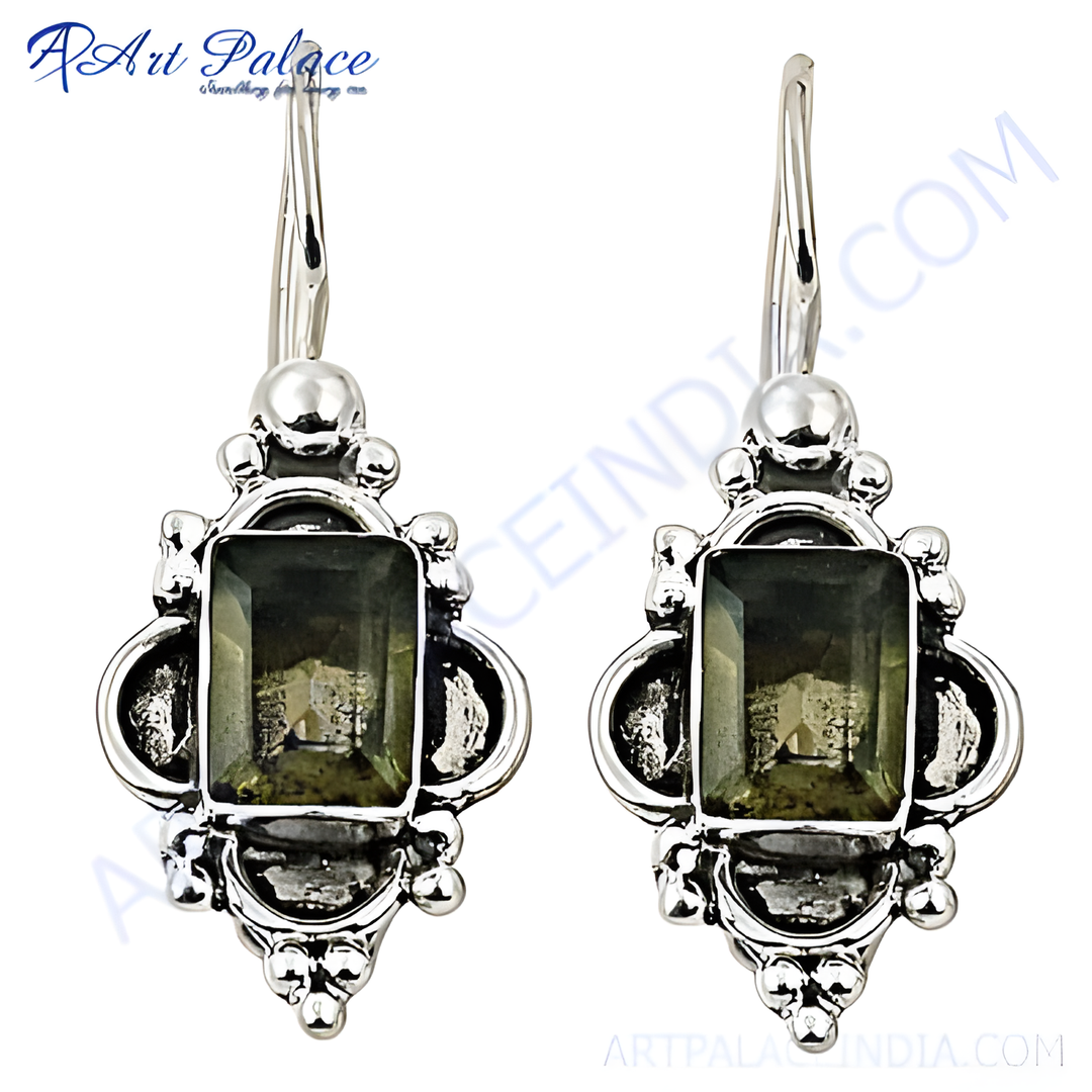 925 sterling silver dangle earrings with rectangular green gemstone set in intricate silver design