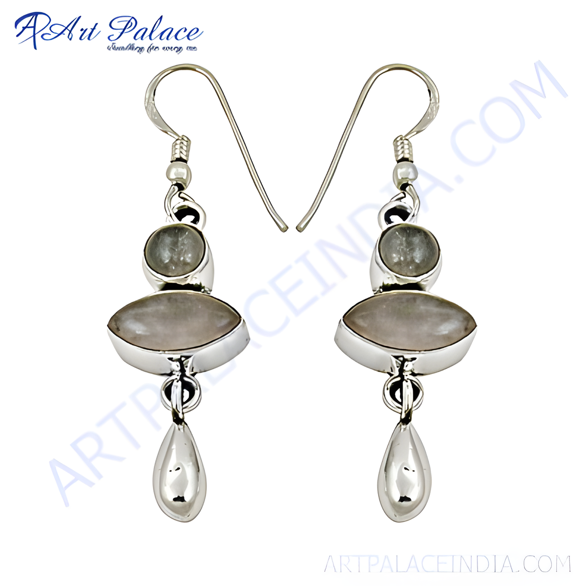 925 sterling silver drop earrings with a round and marquise cut rose quartz gemstone