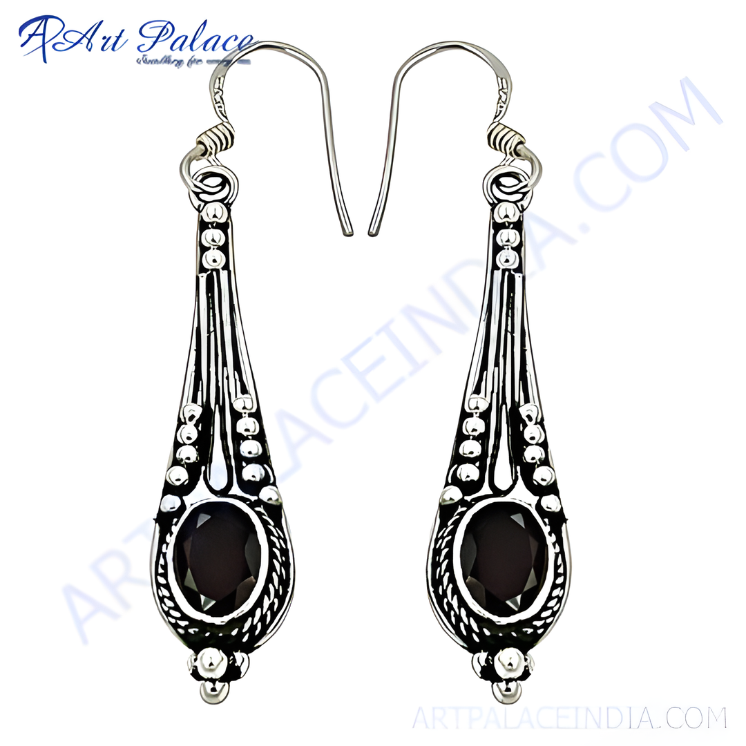 925 sterling silver dangle earrings featuring oval black onyx gemstones, perfect for any occasion.