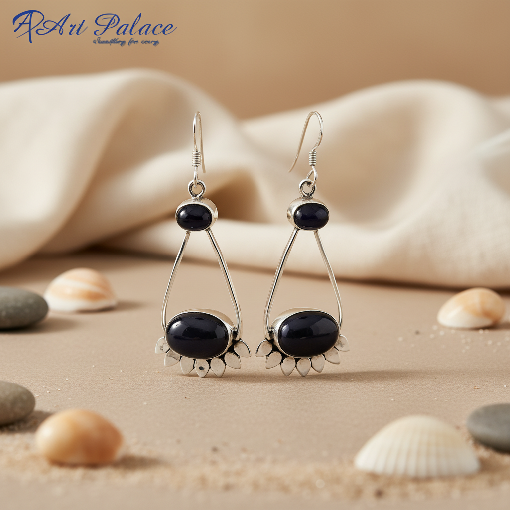 925 Silver Onyx Drop Earrings for Women | Black Gemstone Jewelry