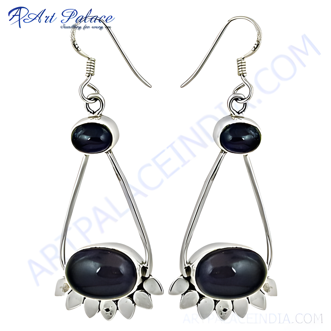 925 sterling silver drop earrings with oval-cut black onyx gemstones