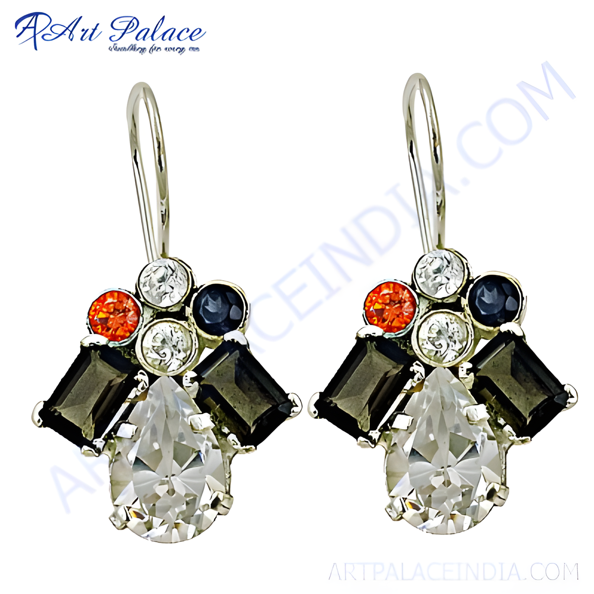 Silver drop earrings with pear shaped clear stone, black, orange and clear gemstones
