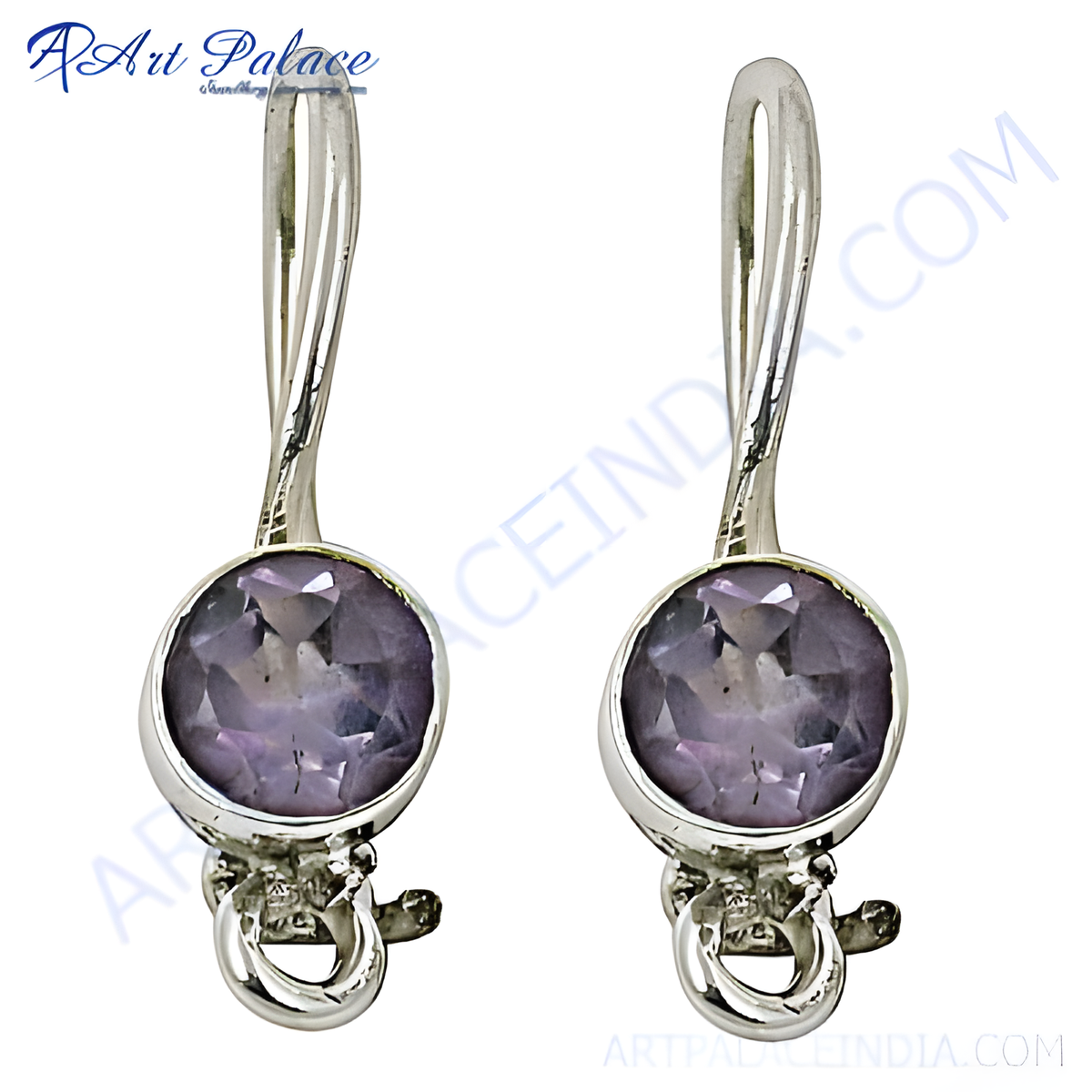 Sterling silver drop earrings with round cut purple amethyst gemstones