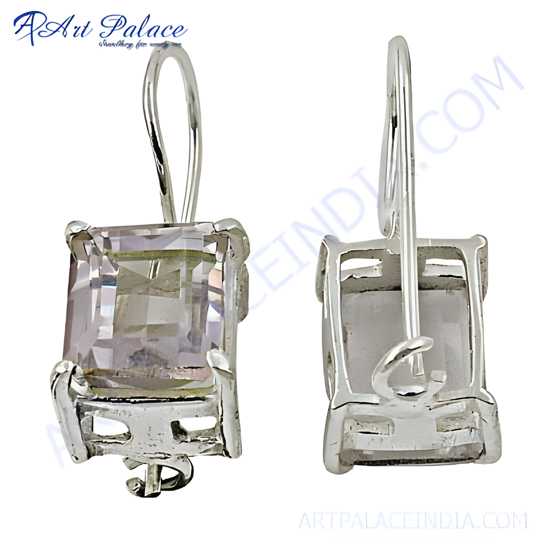 925 sterling silver dangle earrings with square-cut pink quartz gemstones.