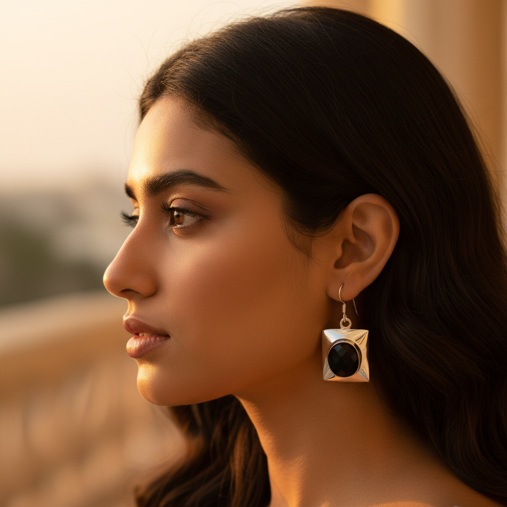 925 Silver Black Onyx Square Drop Earrings for Women