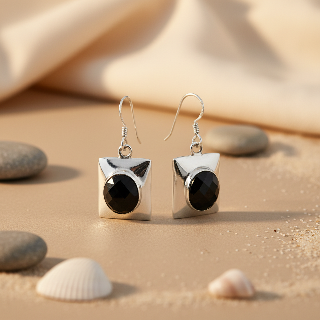 925 Silver Black Onyx Square Drop Earrings for Women