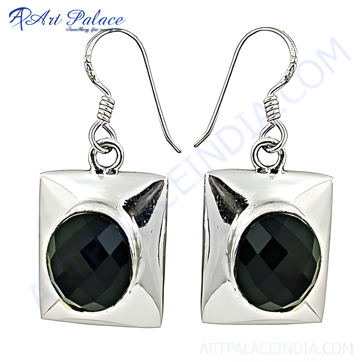 925 sterling silver square drop earrings featuring a black onyx gemstone