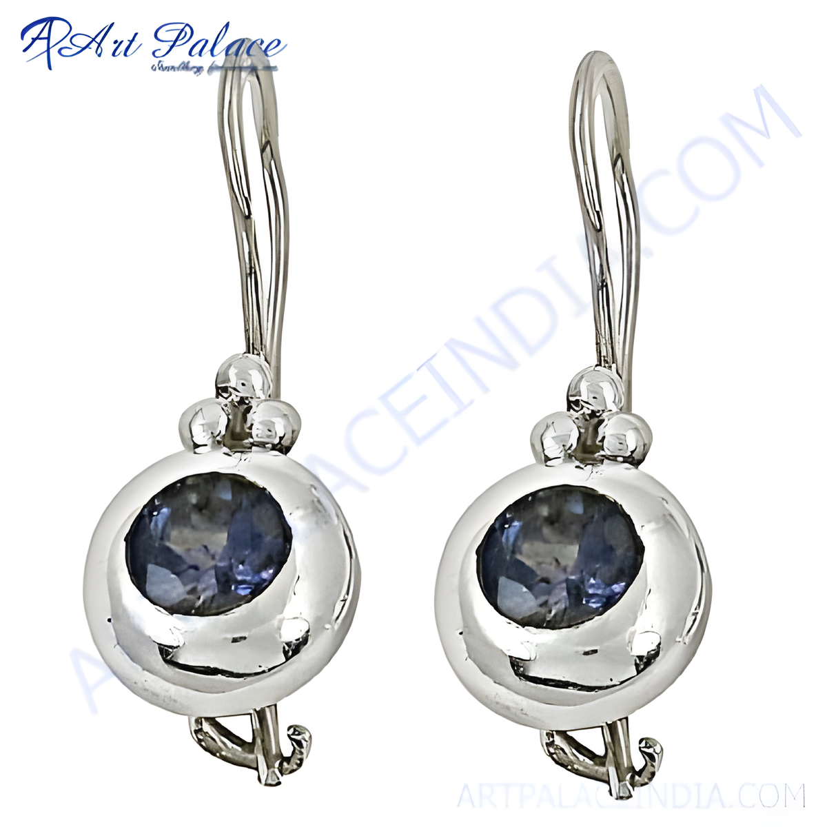 925 sterling silver dangle earrings with a round blue gemstone setting, a classic and elegant design