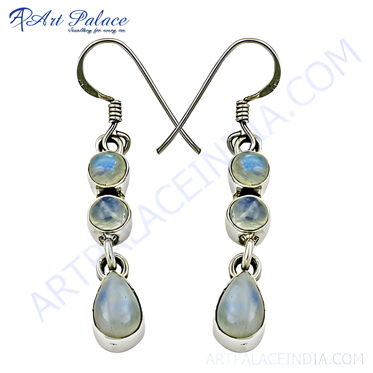 Sterling silver dangle earrings with three round and one pear shaped white moonstone gemstones