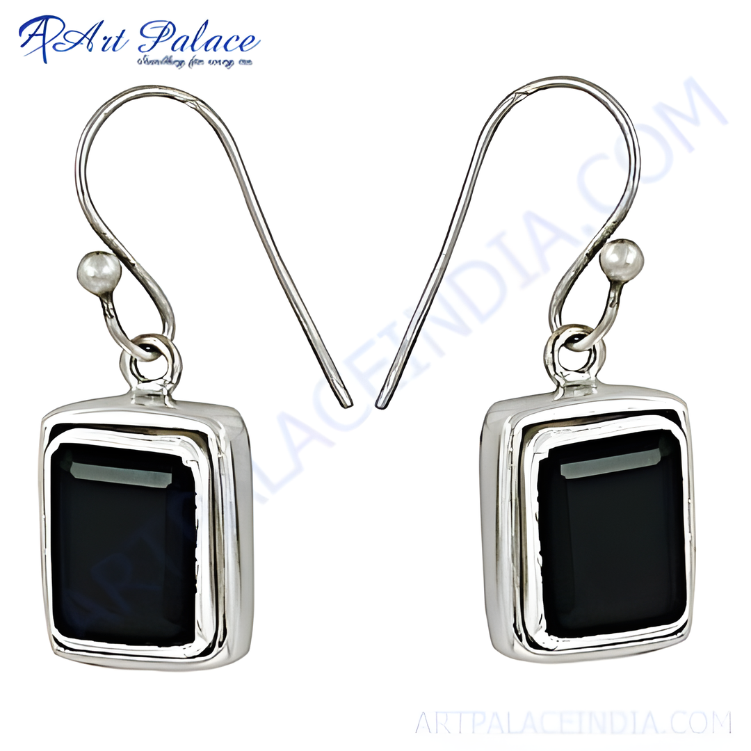 925 sterling silver dangle earrings with rectangular black onyx gemstone.